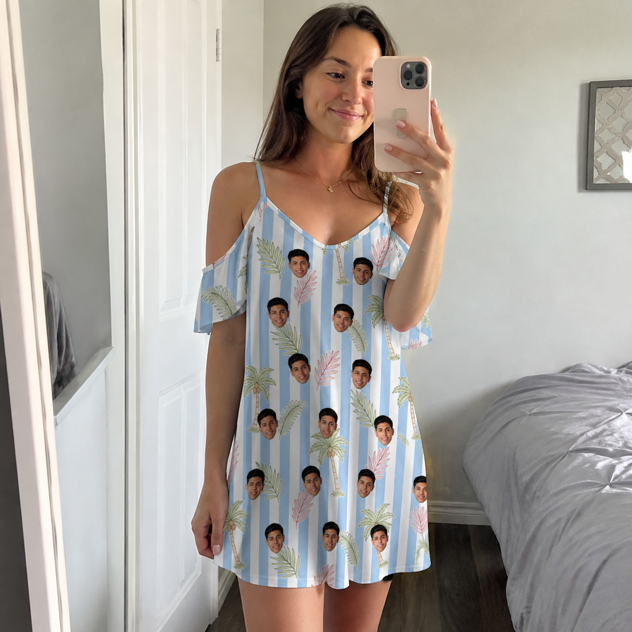 Real-life photo of someone wearing Women's Frond Fandango Custom Face Off-Shoulder Dress — custom faces printed all-over