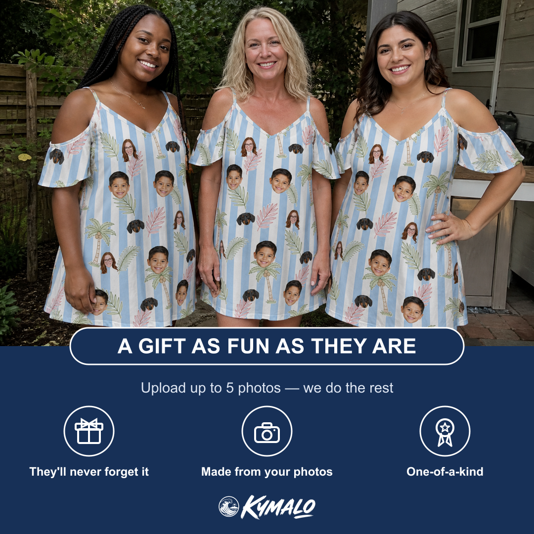 Friends in matching Women's Frond Fandango Custom Face Off-Shoulder Dress — a group gift photo