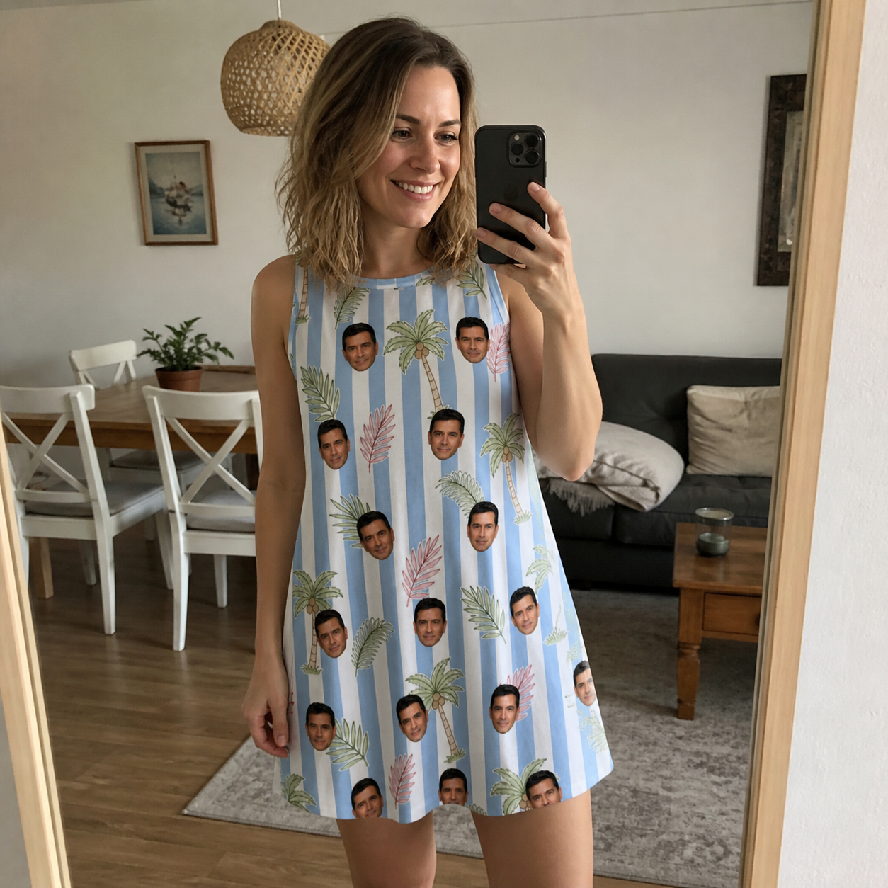 Real-life photo of someone wearing Women's Frond Fandango Custom Face Tank Dress — custom faces printed all-over
