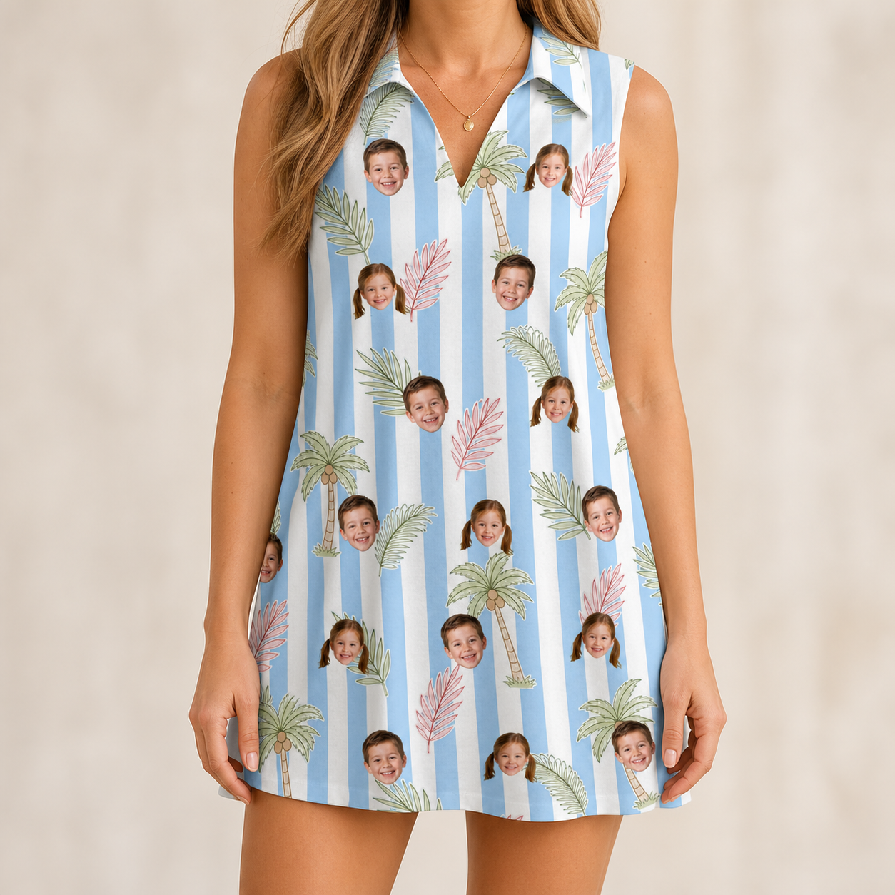 Model wearing Women's Frond Fandango Custom Face V-Neck Dress printed with kids' faces
