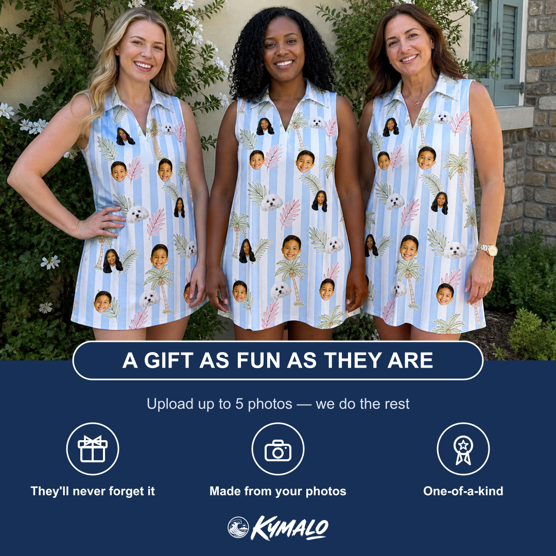 Friends in matching Women's Frond Fandango Custom Face V-Neck Dress — a group gift photo
