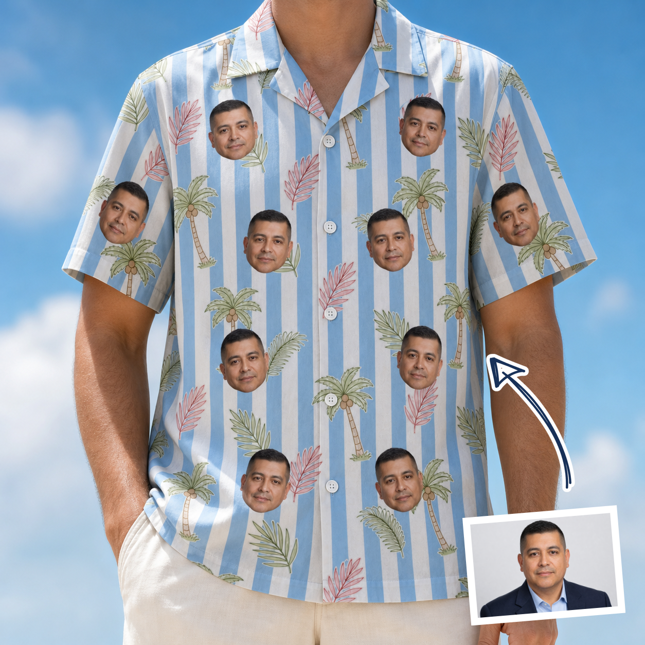 Man wearing Men's Frond Fandango Custom Face Hawaiian Shirt — custom faces printed all-over