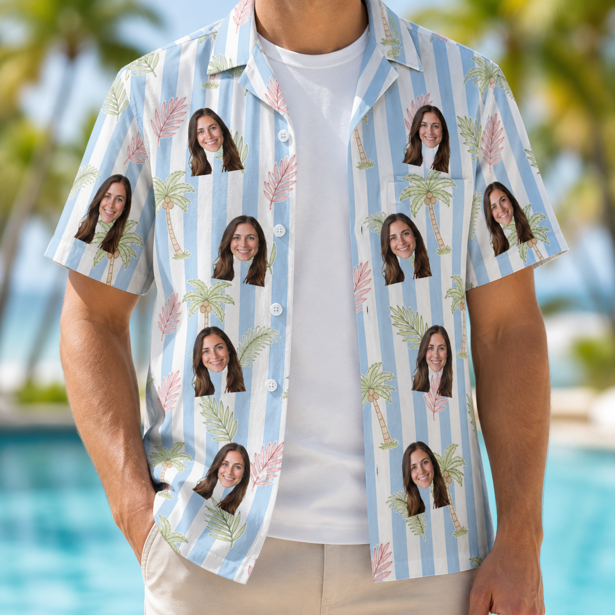 Man wearing Men's Frond Fandango Custom Face Hawaiian Shirt open over a white tee