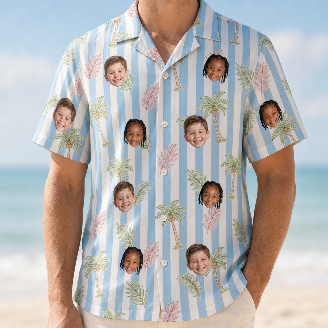 Model wearing Men's Frond Fandango Custom Face Hawaiian Shirt printed with kids' faces