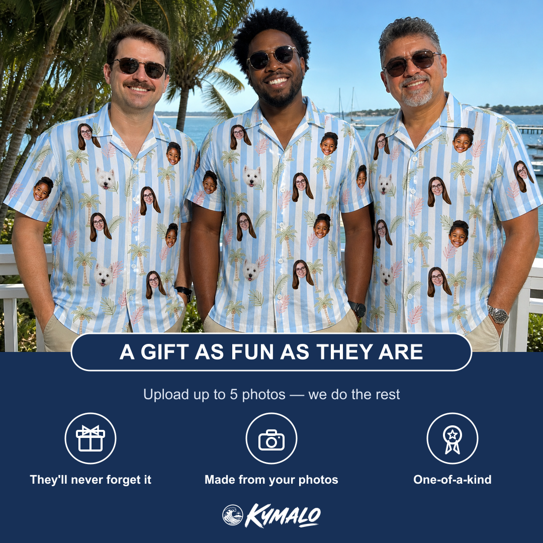 Friends in matching Men's Frond Fandango Custom Face Hawaiian Shirt — a group gift photo