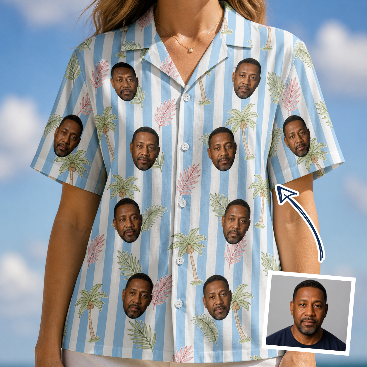 Woman wearing Women's Frond Fandango Custom Face Hawaiian Shirt — custom faces printed all-over