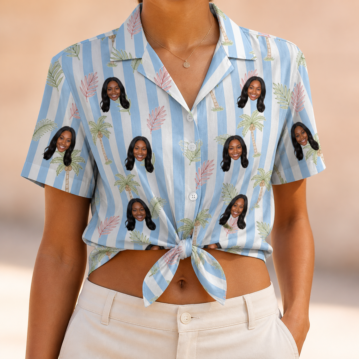 Woman wearing Women's Frond Fandango Custom Face Hawaiian Shirt tied at the waist