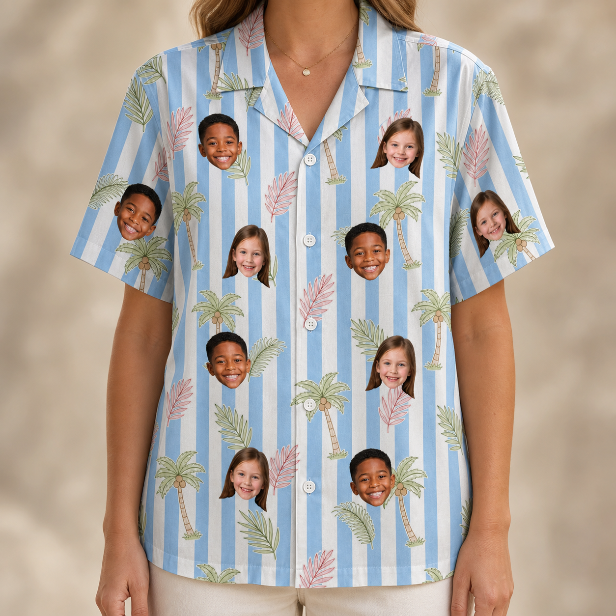 Model wearing Women's Frond Fandango Custom Face Hawaiian Shirt printed with kids' faces
