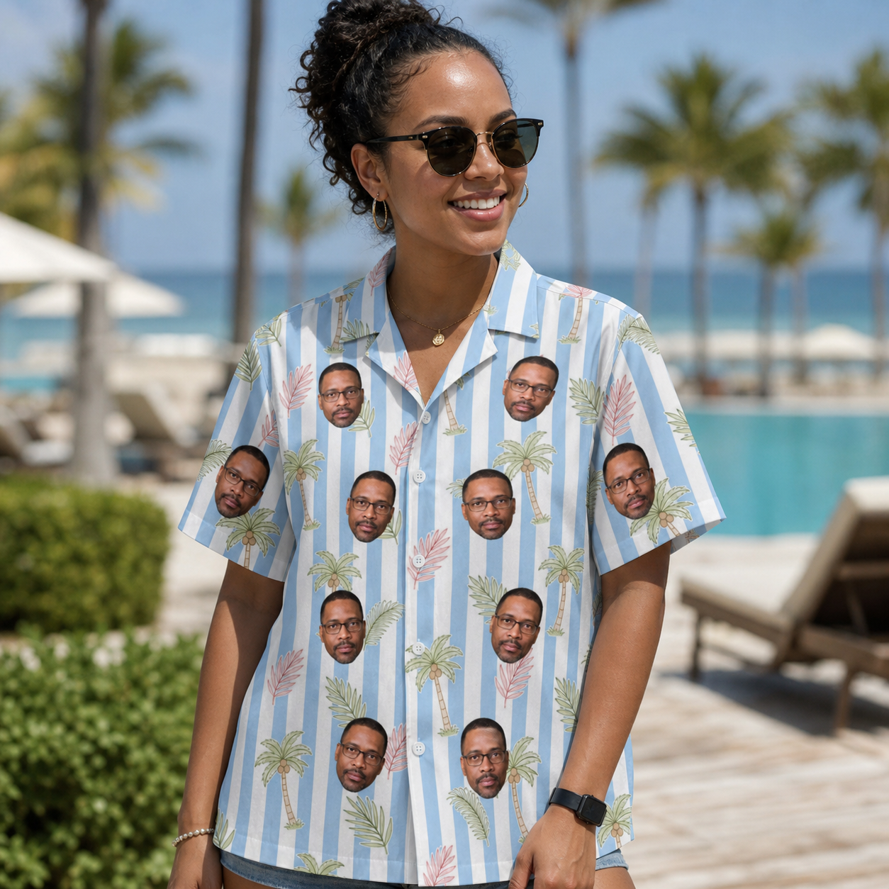 Real-life photo of someone wearing Women's Frond Fandango Custom Face Hawaiian Shirt — custom faces printed all-over