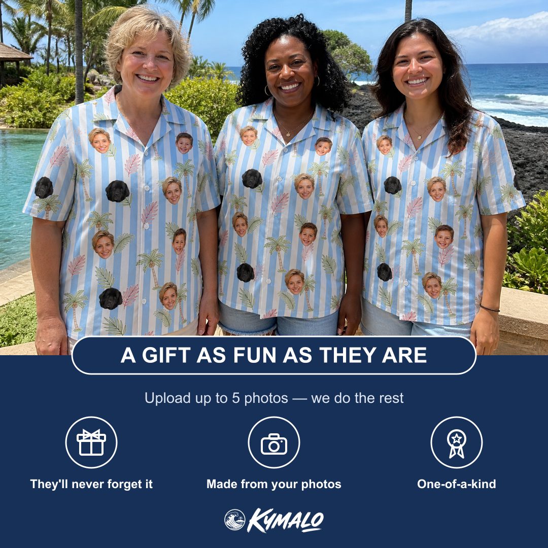 Friends in matching Women's Frond Fandango Custom Face Hawaiian Shirt — a group gift photo