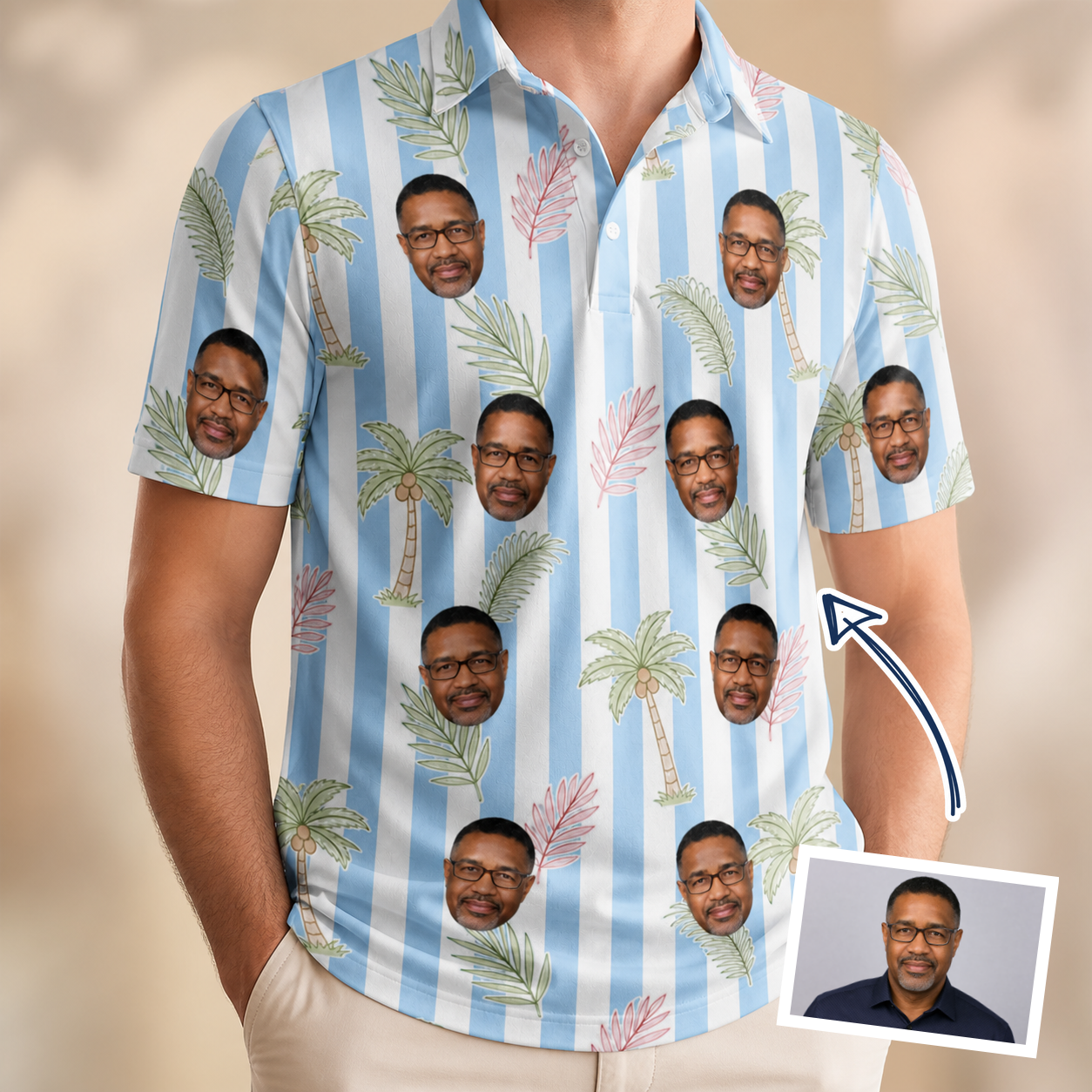 Man wearing Men's Frond Fandango Custom Face Polo Shirt — custom faces printed all-over