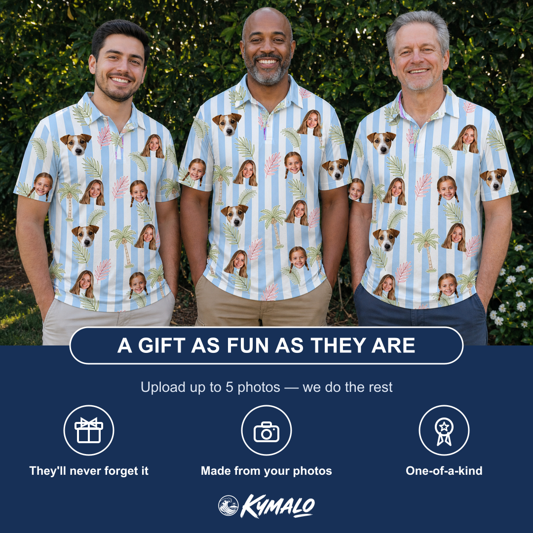 Friends in matching Men's Frond Fandango Custom Face Polo Shirt — a group gift photo