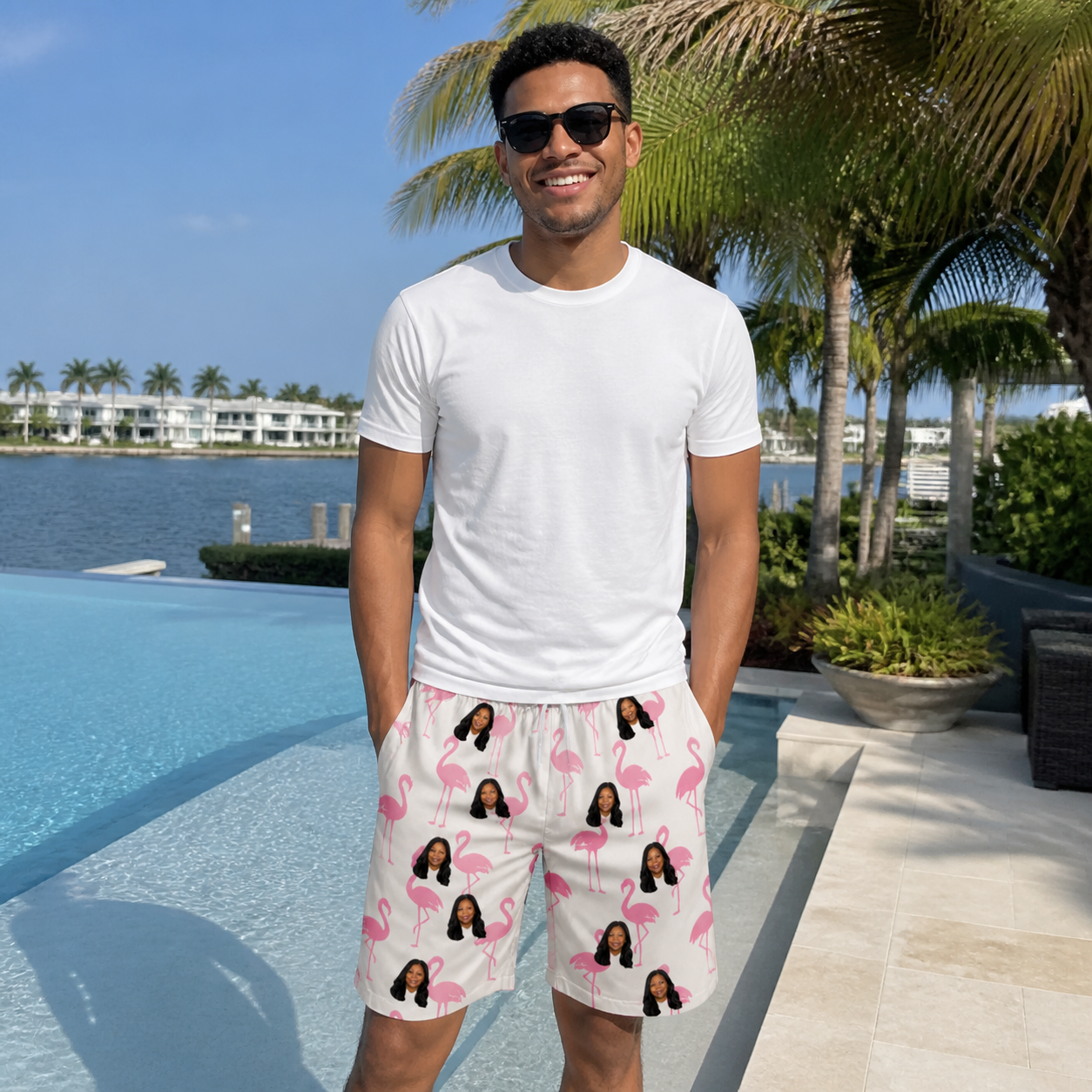 Real-life photo of someone wearing Men's Bubblegum Ballerinas Custom Face Beach Shorts — custom faces printed all-over
