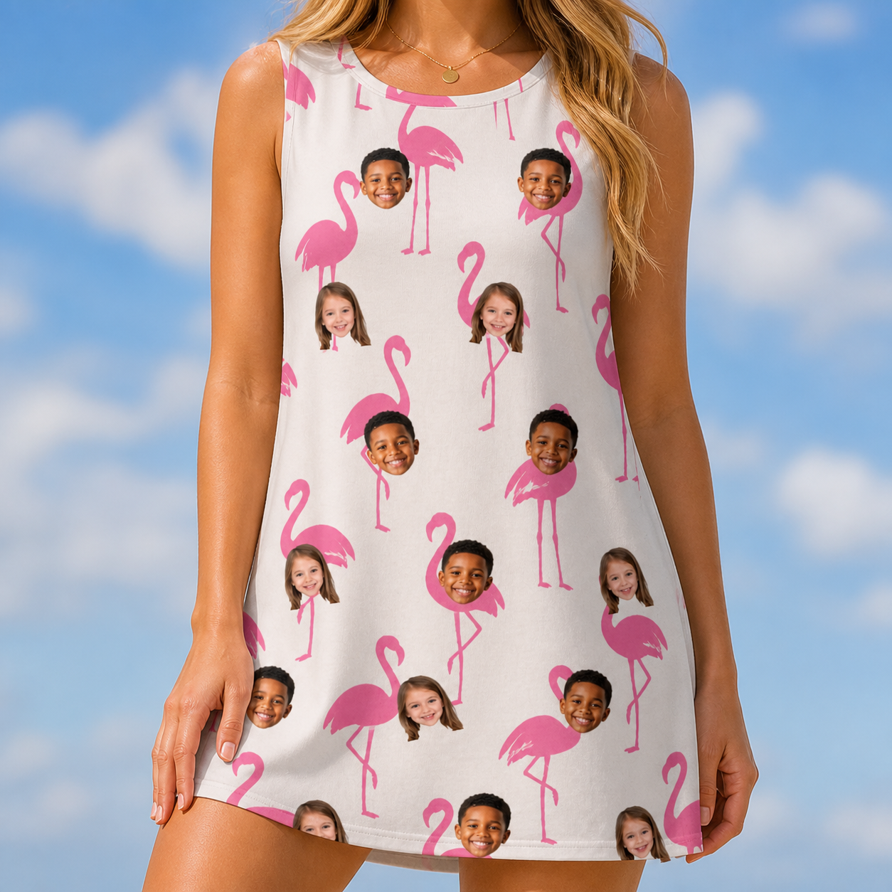 Model wearing Women's Bubblegum Ballerinas Custom Face Tank Dress printed with kids' faces