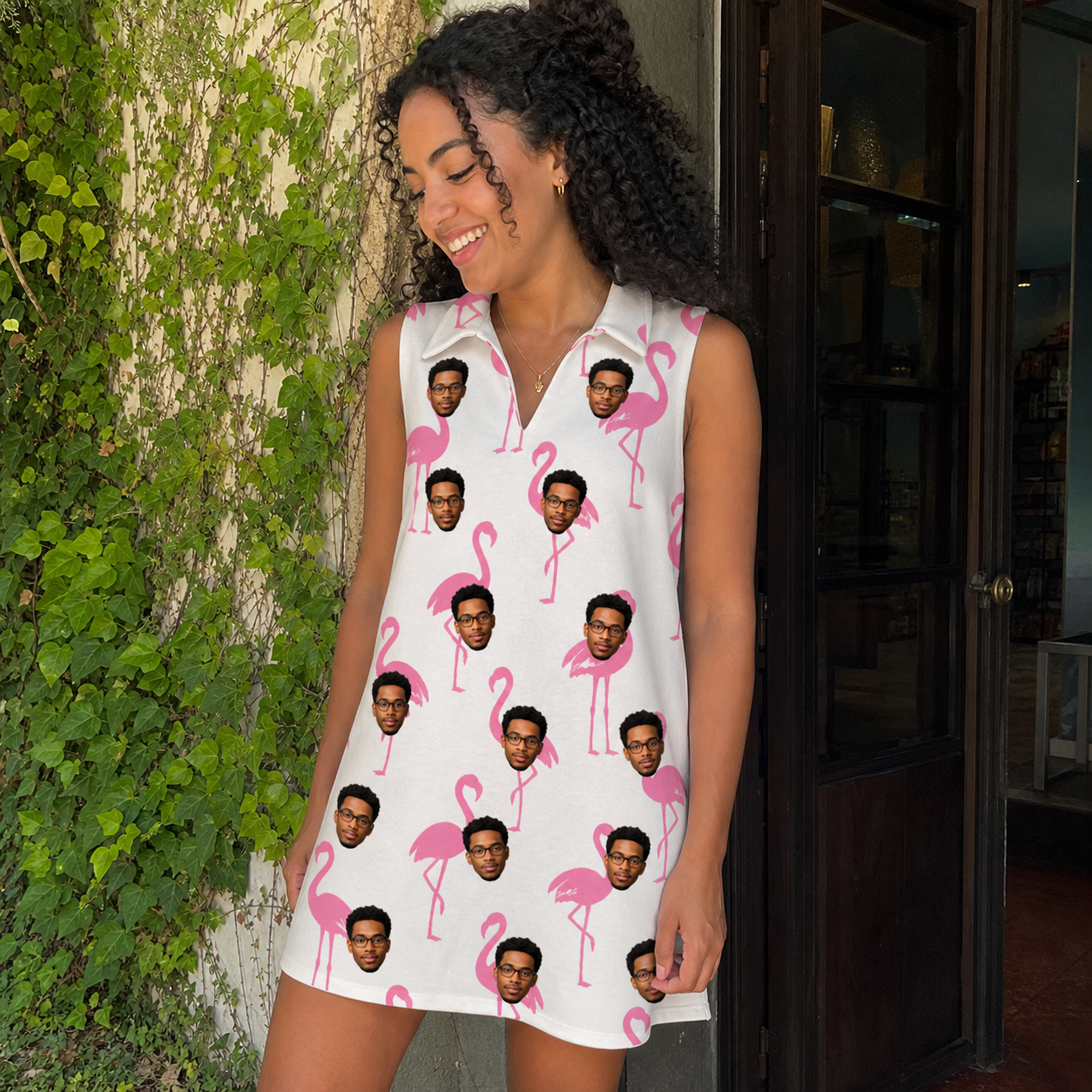 Real-life photo of someone wearing Women's Bubblegum Ballerinas Custom Face V-Neck Dress — custom faces printed all-over