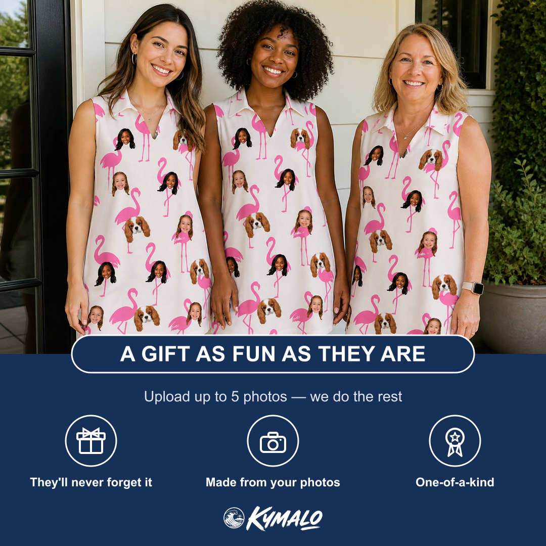 Friends in matching Women's Bubblegum Ballerinas Custom Face V-Neck Dress — a group gift photo