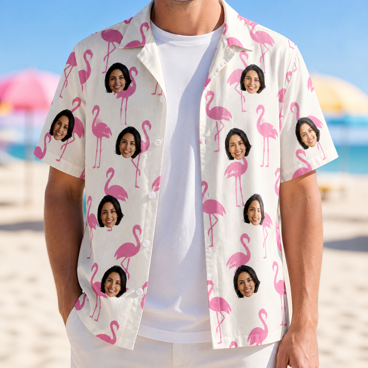 Man wearing Men's Bubblegum Ballerinas Custom Face Hawaiian Shirt open over a white tee