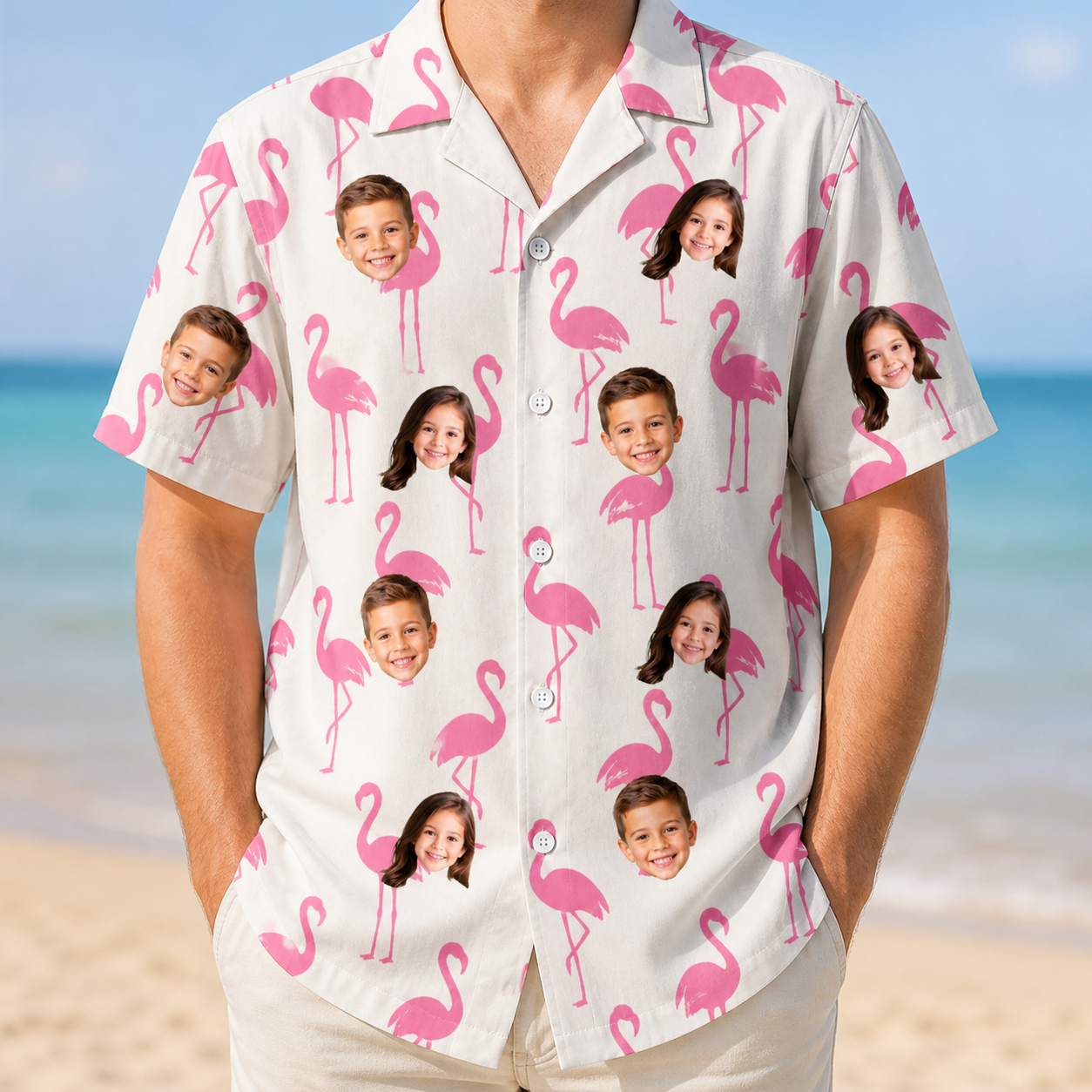 Model wearing Men's Bubblegum Ballerinas Custom Face Hawaiian Shirt printed with kids' faces
