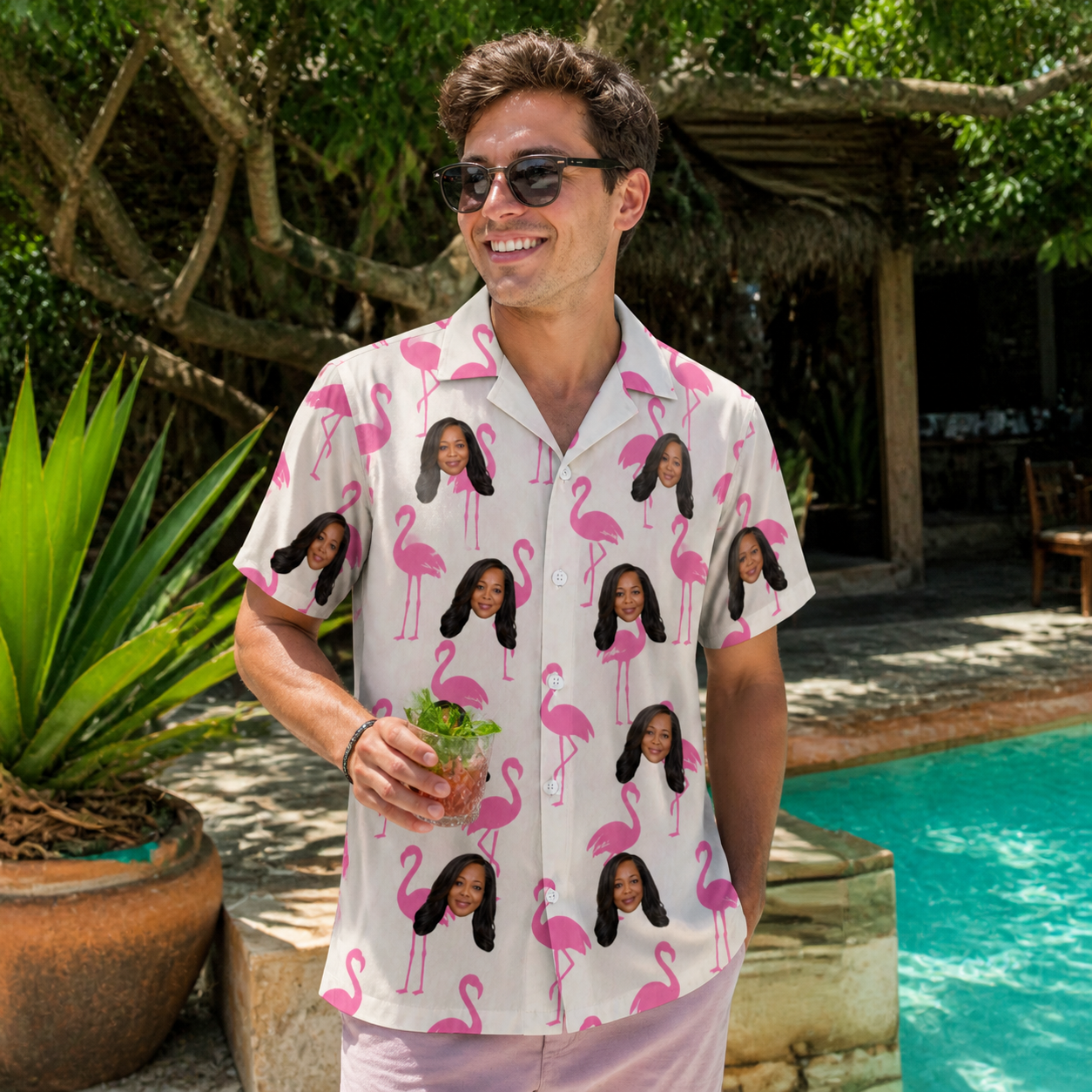 Real-life photo of someone wearing Men's Bubblegum Ballerinas Custom Face Hawaiian Shirt — custom faces printed all-over