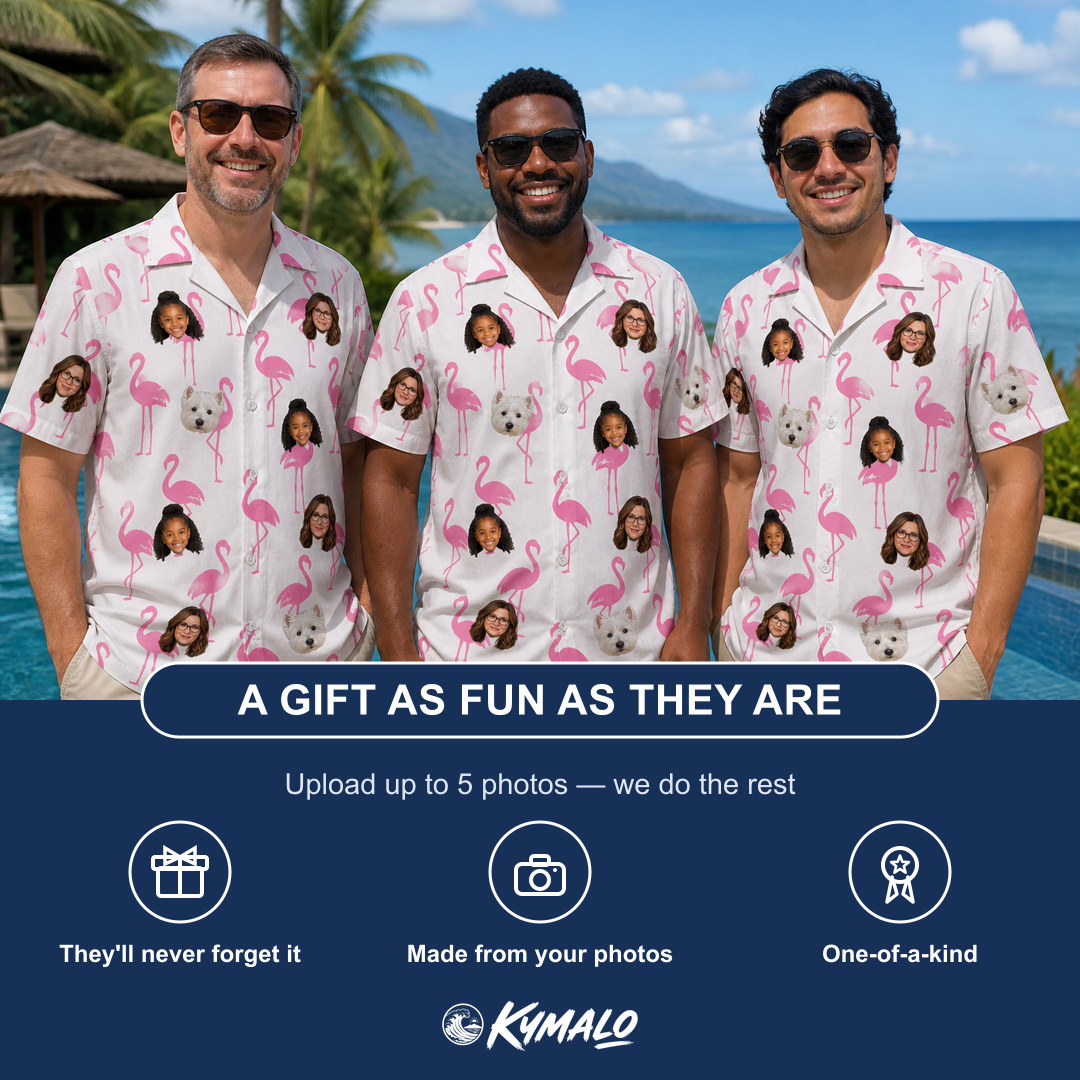 Friends in matching Men's Bubblegum Ballerinas Custom Face Hawaiian Shirt — a group gift photo