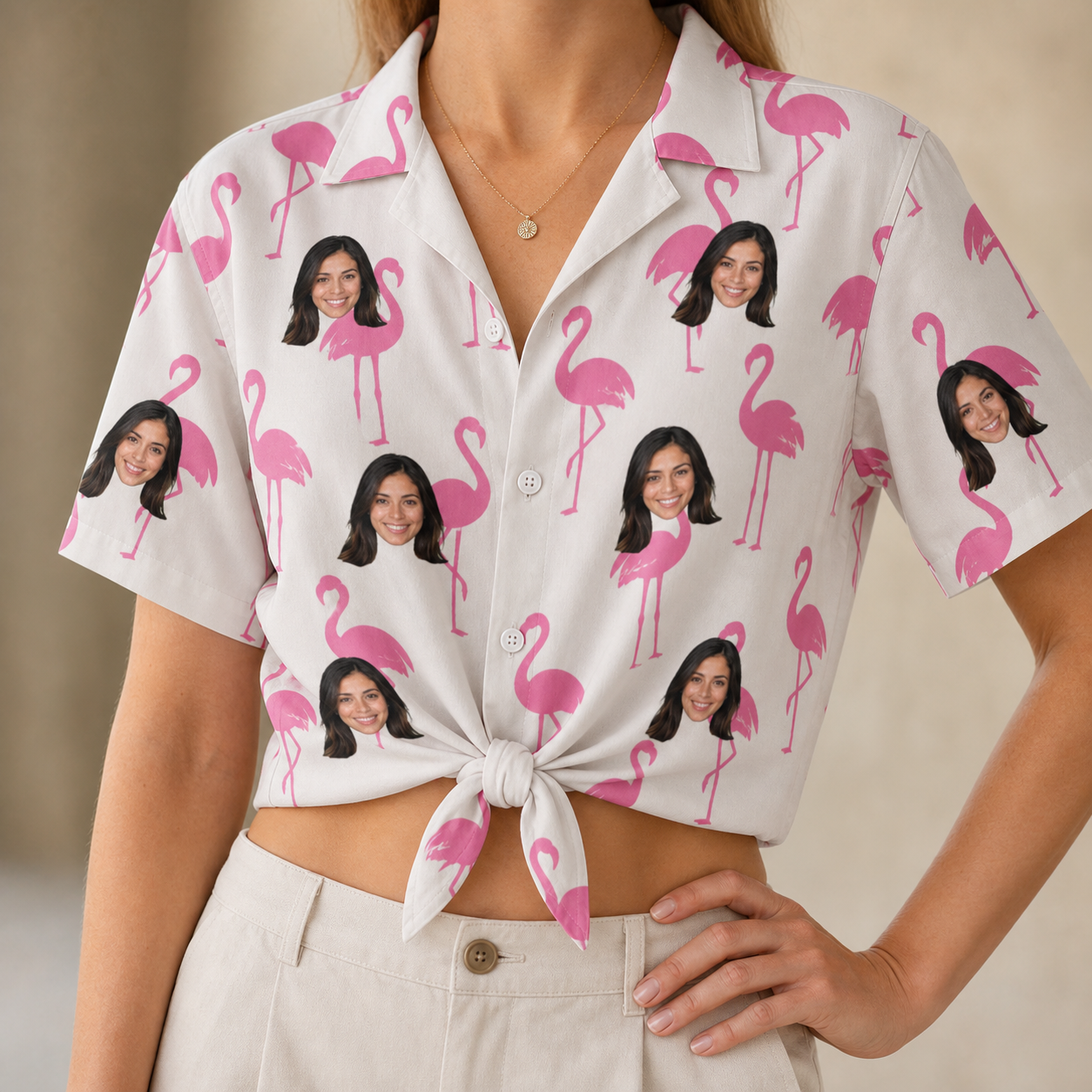 Woman wearing Women's Bubblegum Ballerinas Custom Face Hawaiian Shirt tied at the waist