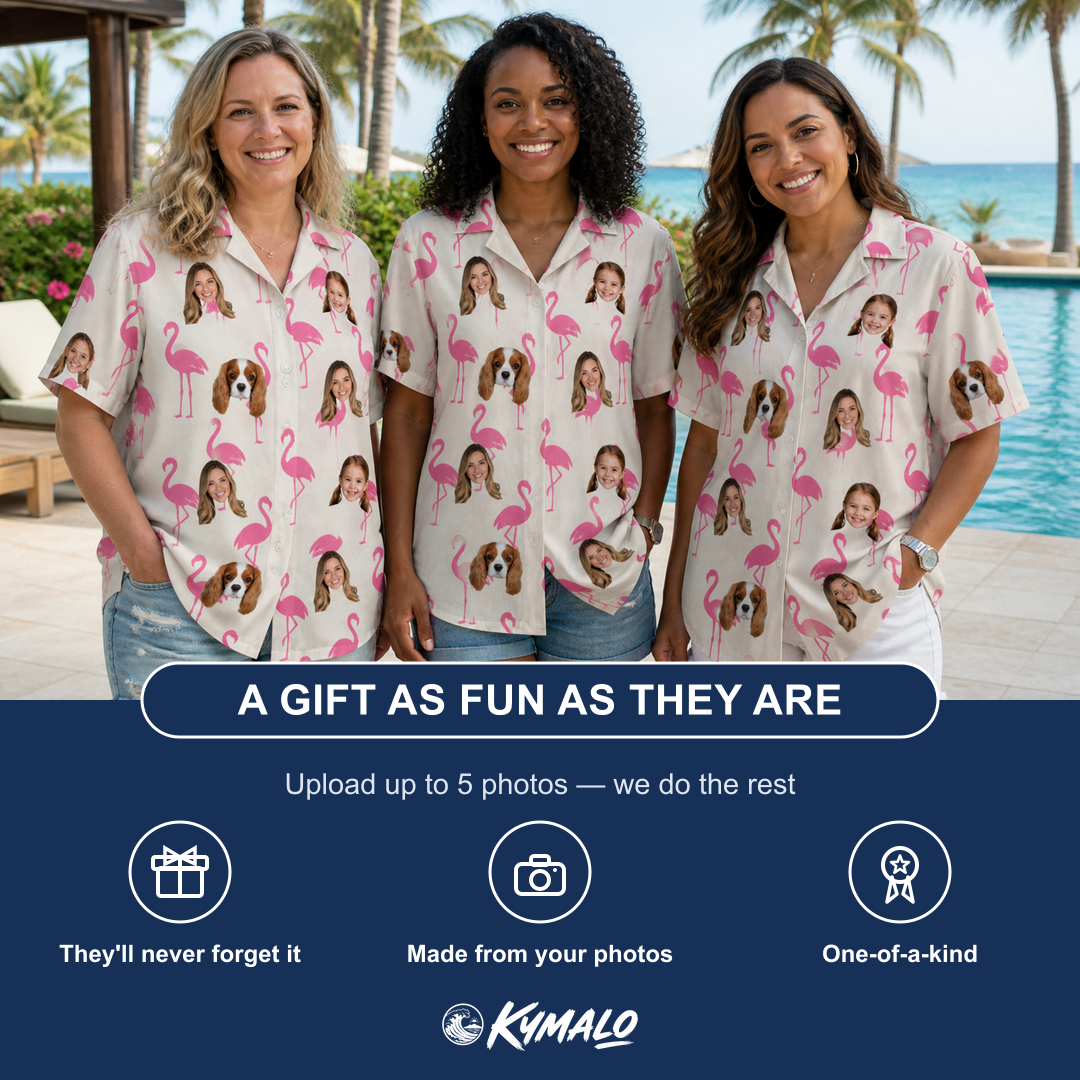 Friends in matching Women's Bubblegum Ballerinas Custom Face Hawaiian Shirt — a group gift photo