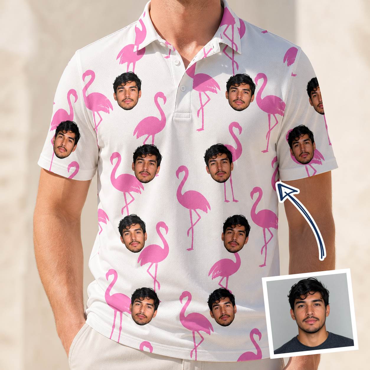 Man wearing Men's Bubblegum Ballerinas Custom Face Polo Shirt — custom faces printed all-over