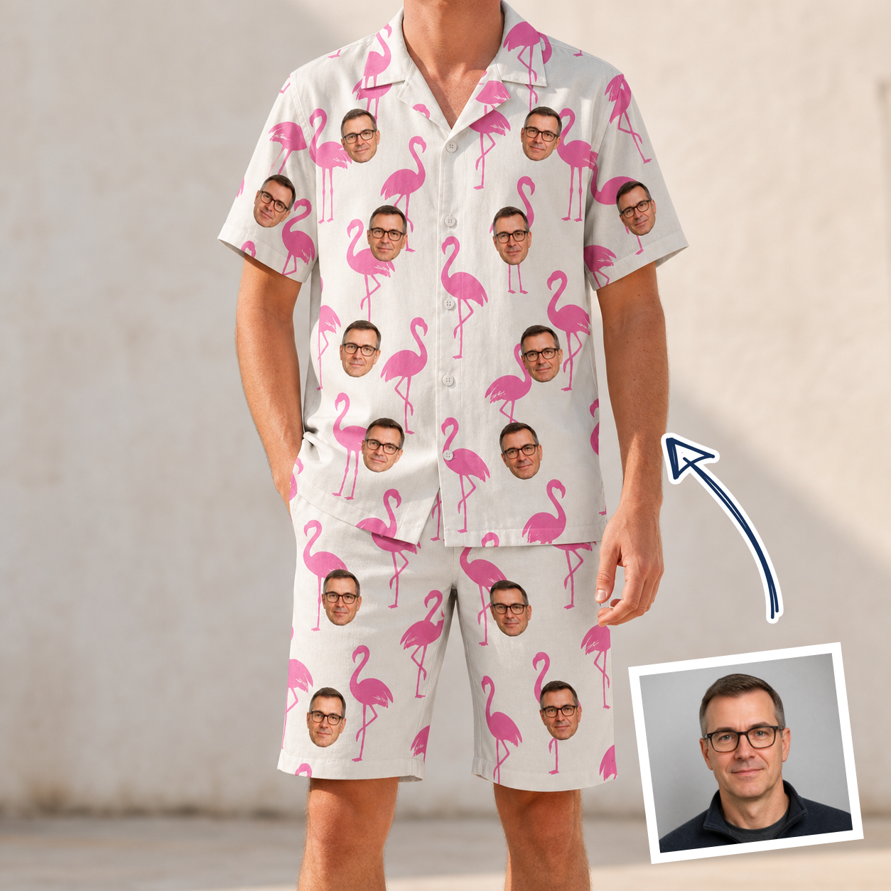 Man wearing Men's Bubblegum Ballerinas Custom Face Shirt & Shorts Set — custom faces printed all-over