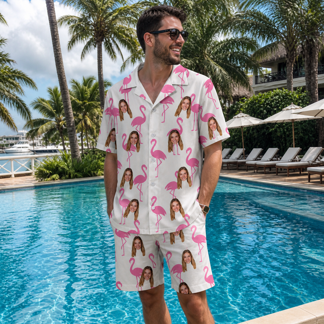 Real-life photo of someone wearing Men's Bubblegum Ballerinas Custom Face Shirt & Shorts Set — custom faces printed all-over