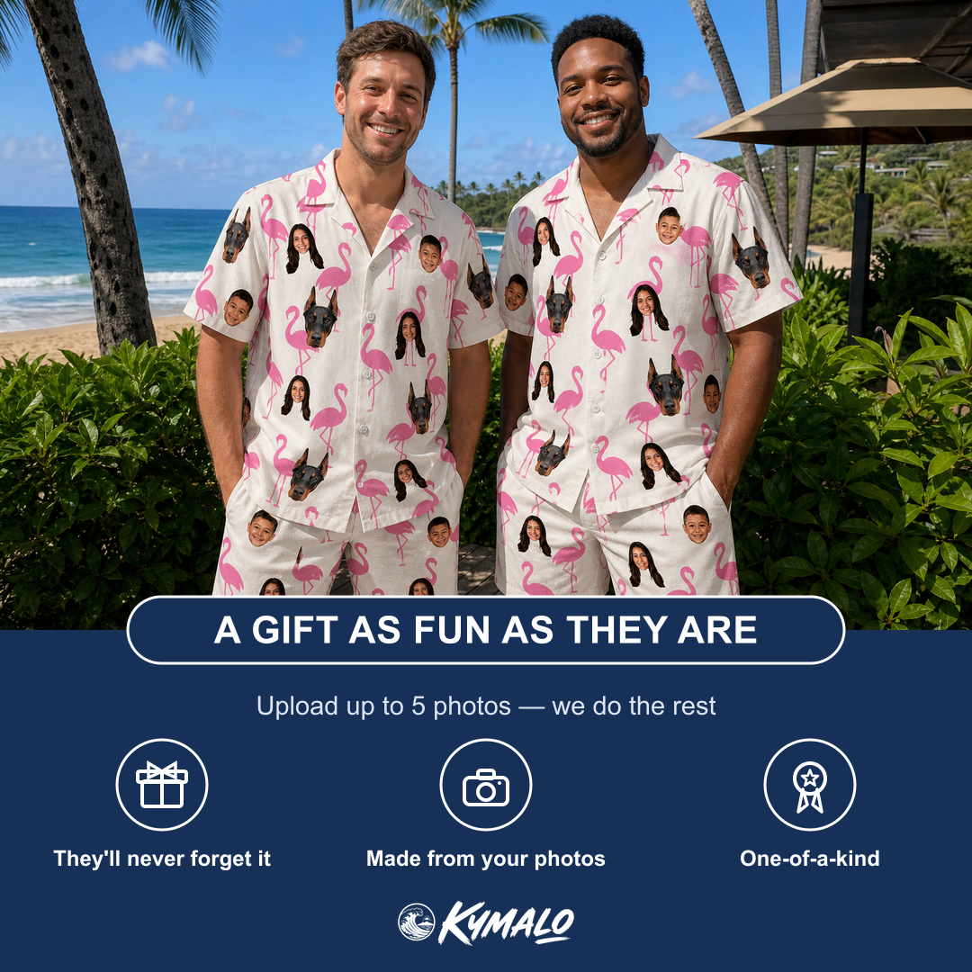 Friends in matching Men's Bubblegum Ballerinas Custom Face Shirt & Shorts Set — a group gift photo