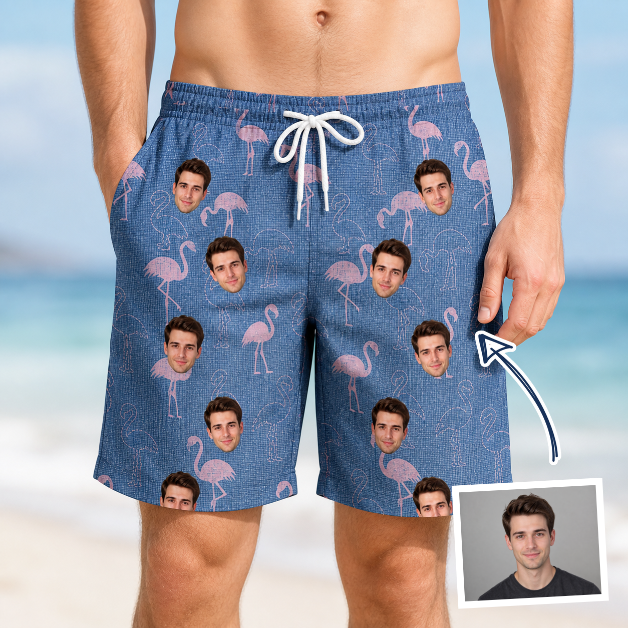 Man wearing Men's Longneck Lollies Custom Face Beach Shorts — custom faces printed all-over