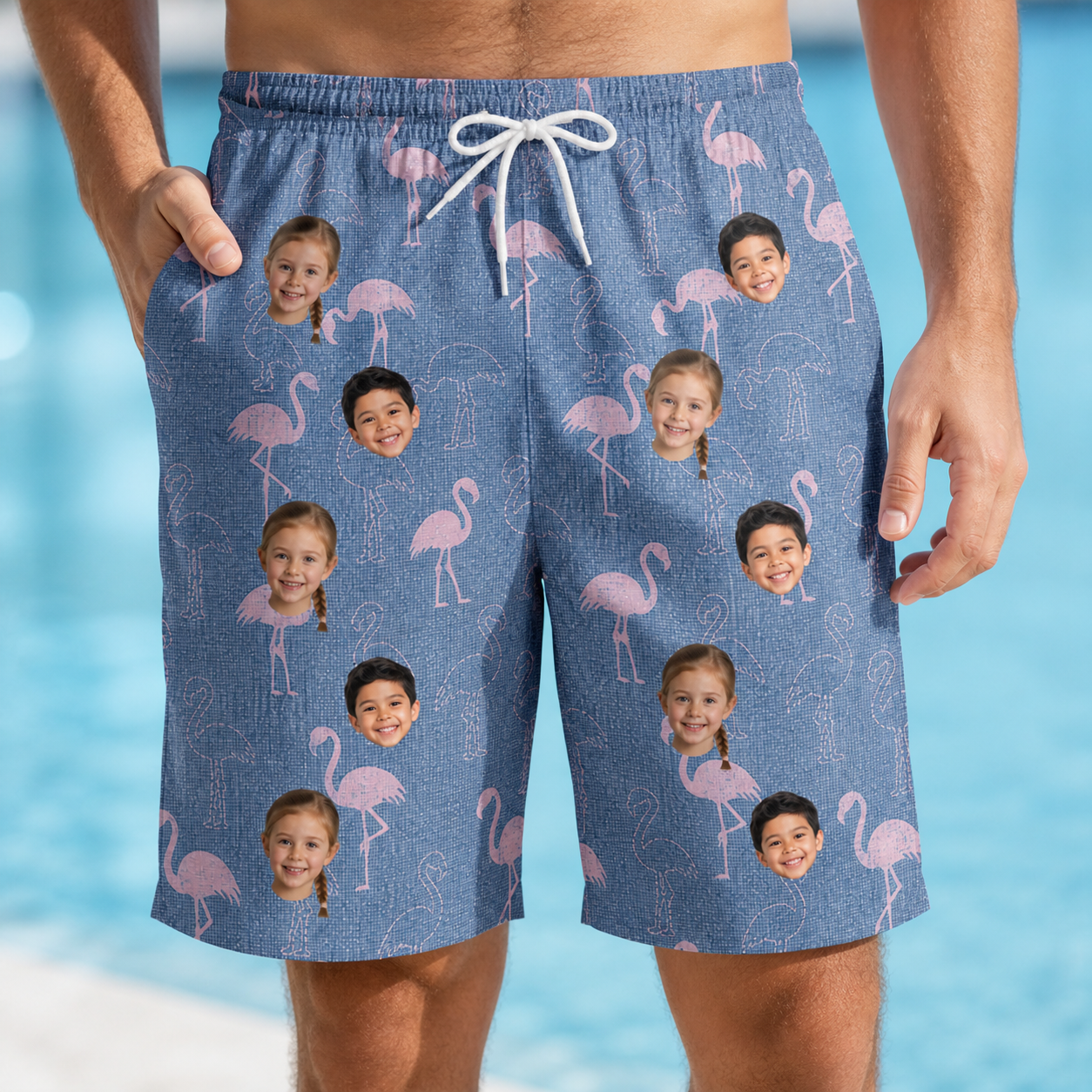 Model wearing Men's Longneck Lollies Custom Face Beach Shorts printed with kids' faces