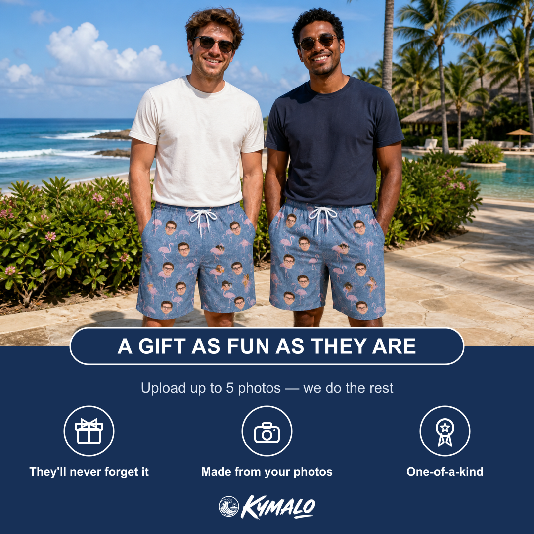Friends in matching Men's Longneck Lollies Custom Face Beach Shorts — a group gift photo