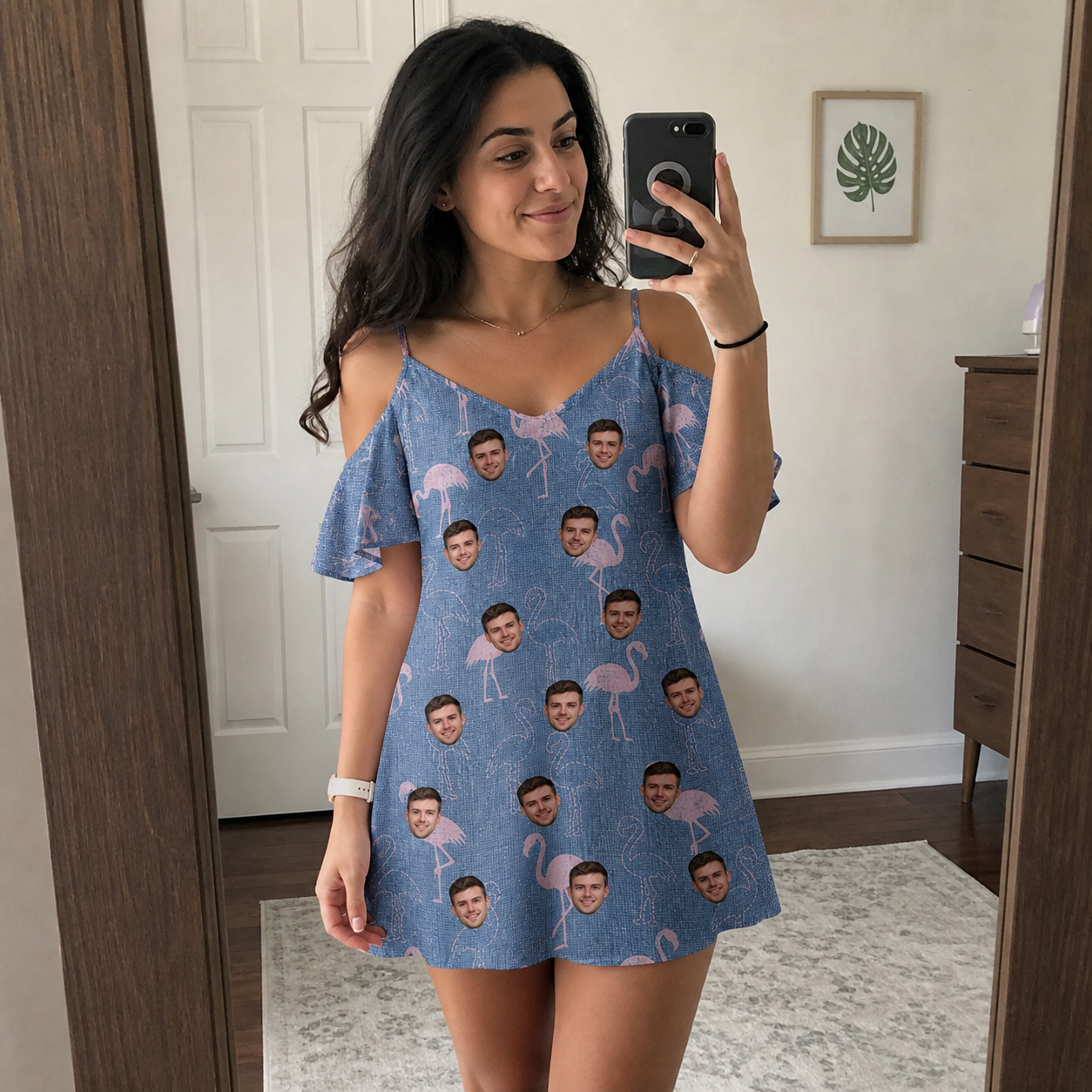 Real-life photo of someone wearing Women's Longneck Lollies Custom Face Off-Shoulder Dress — custom faces printed all-over