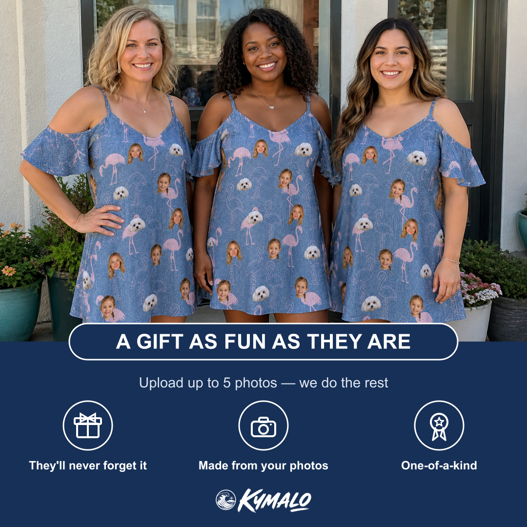 Friends in matching Women's Longneck Lollies Custom Face Off-Shoulder Dress — a group gift photo