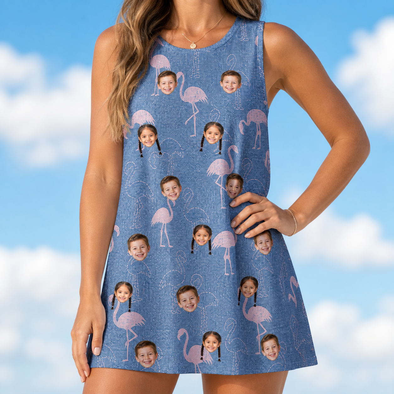 Model wearing Women's Longneck Lollies Custom Face Tank Dress printed with kids' faces