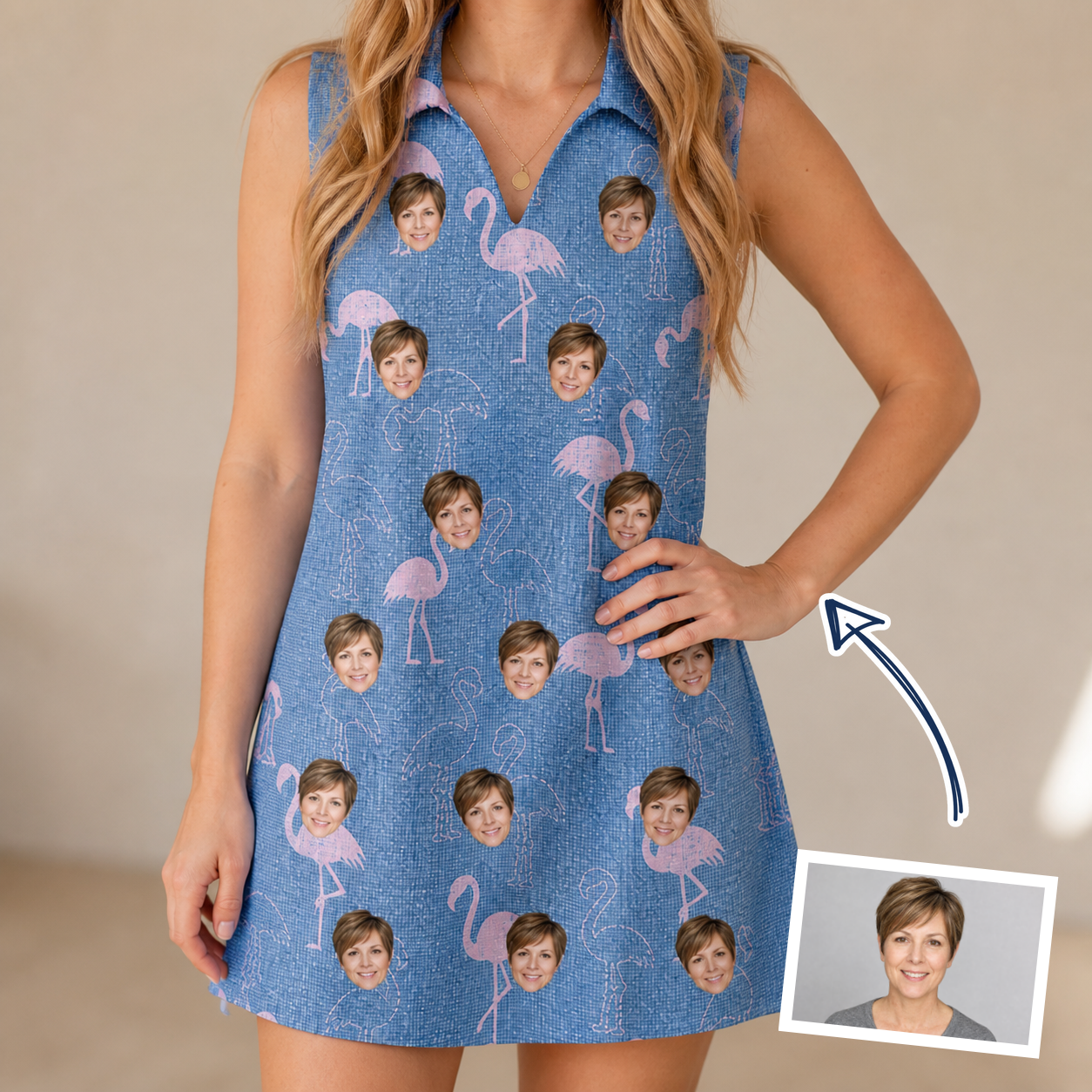 Woman wearing Women's Longneck Lollies Custom Face V-Neck Dress — custom faces printed all-over