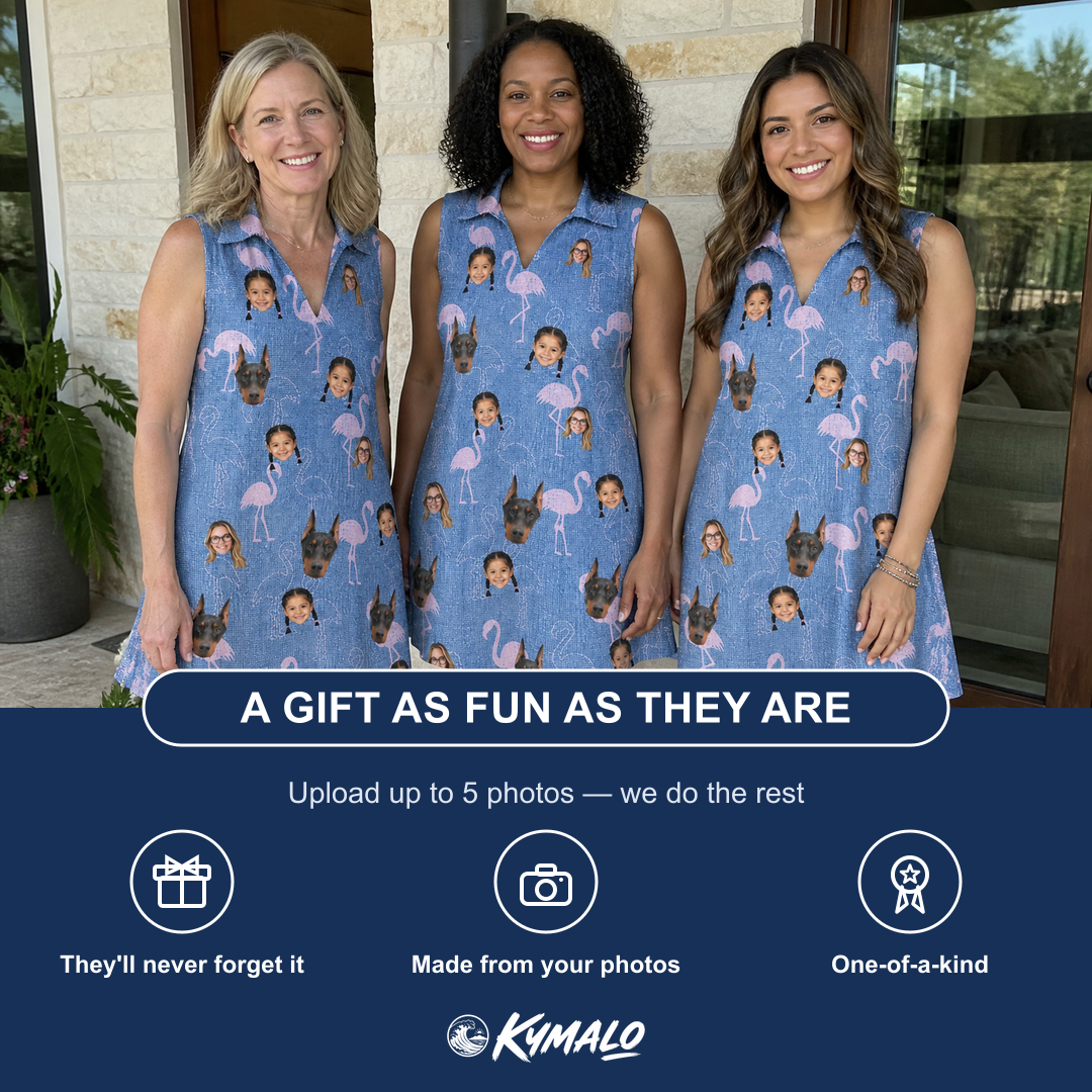 Friends in matching Women's Longneck Lollies Custom Face V-Neck Dress — a group gift photo