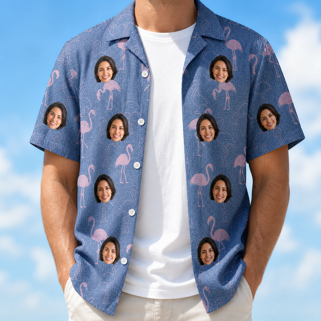Man wearing Men's Longneck Lollies Custom Face Hawaiian Shirt open over a white tee