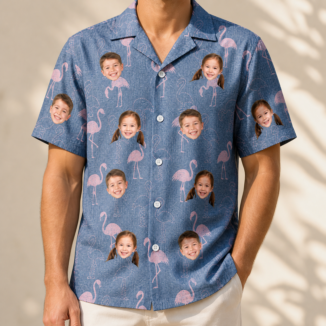 Model wearing Men's Longneck Lollies Custom Face Hawaiian Shirt printed with kids' faces