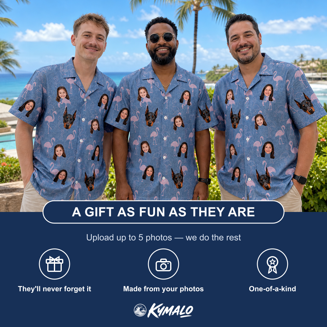Friends in matching Men's Longneck Lollies Custom Face Hawaiian Shirt — a group gift photo