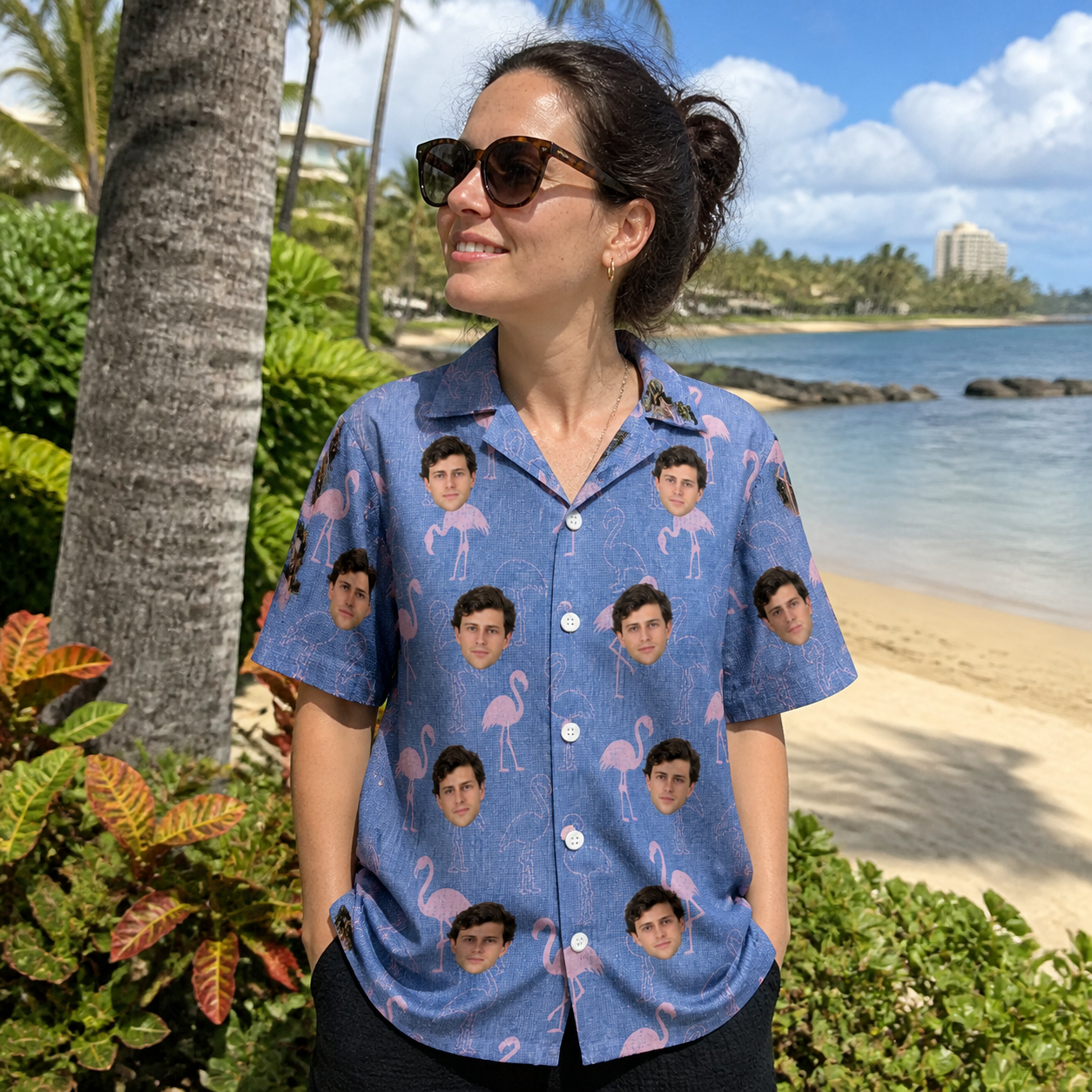 Real-life photo of someone wearing Women's Longneck Lollies Custom Face Hawaiian Shirt — custom faces printed all-over