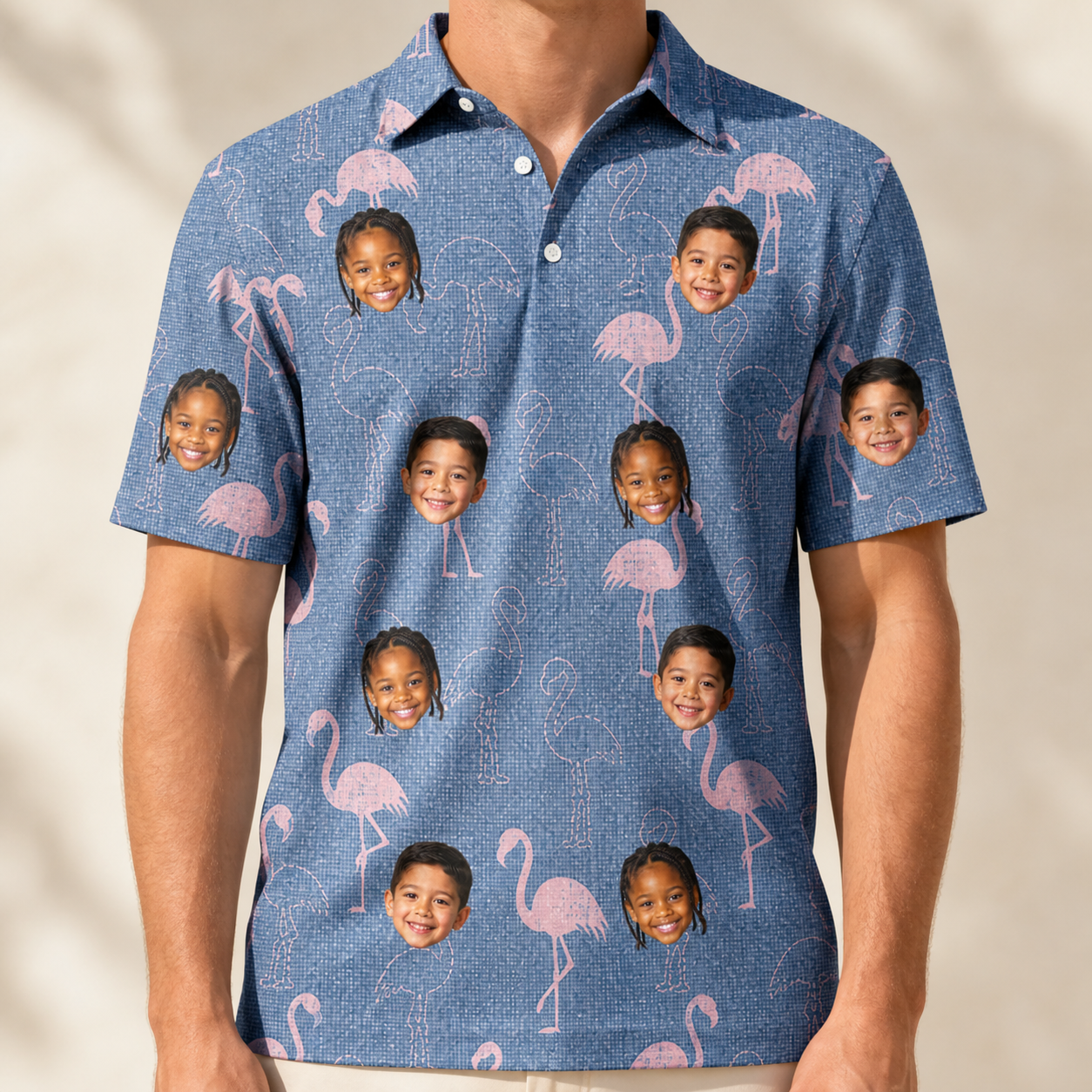 Model wearing Men's Longneck Lollies Custom Face Polo Shirt printed with kids' faces