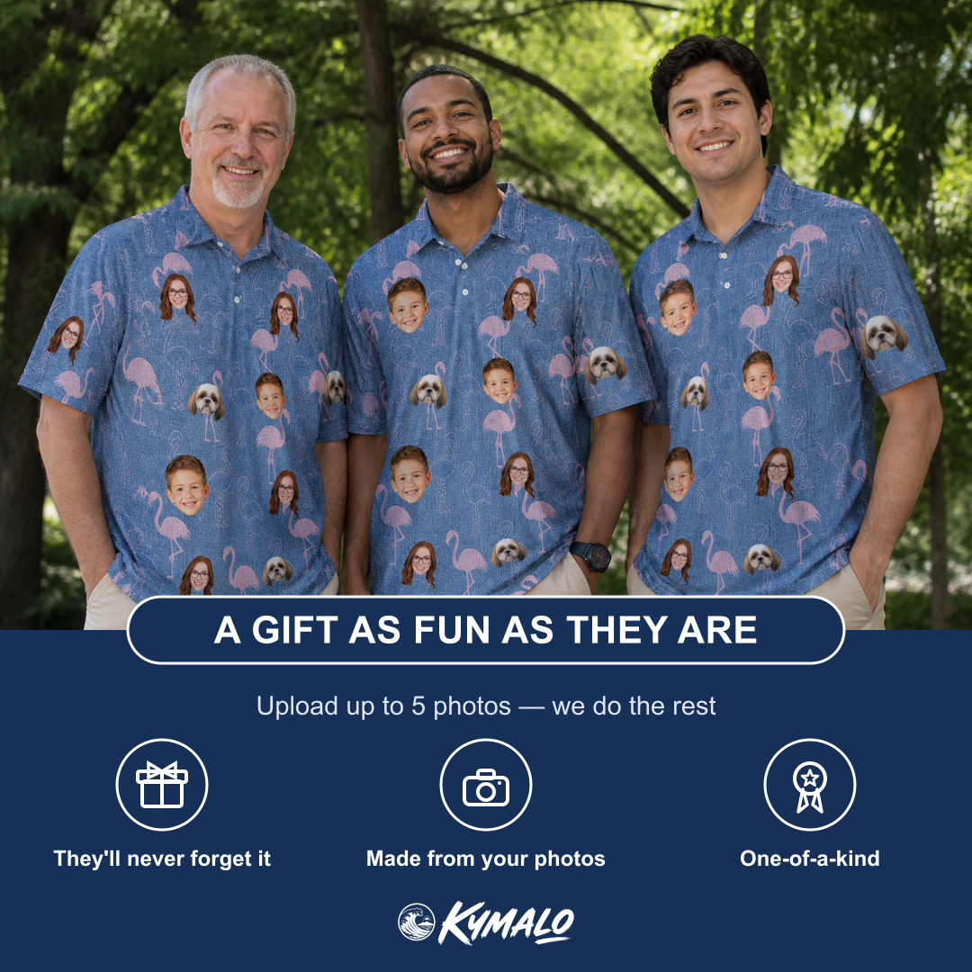 Friends in matching Men's Longneck Lollies Custom Face Polo Shirt — a group gift photo