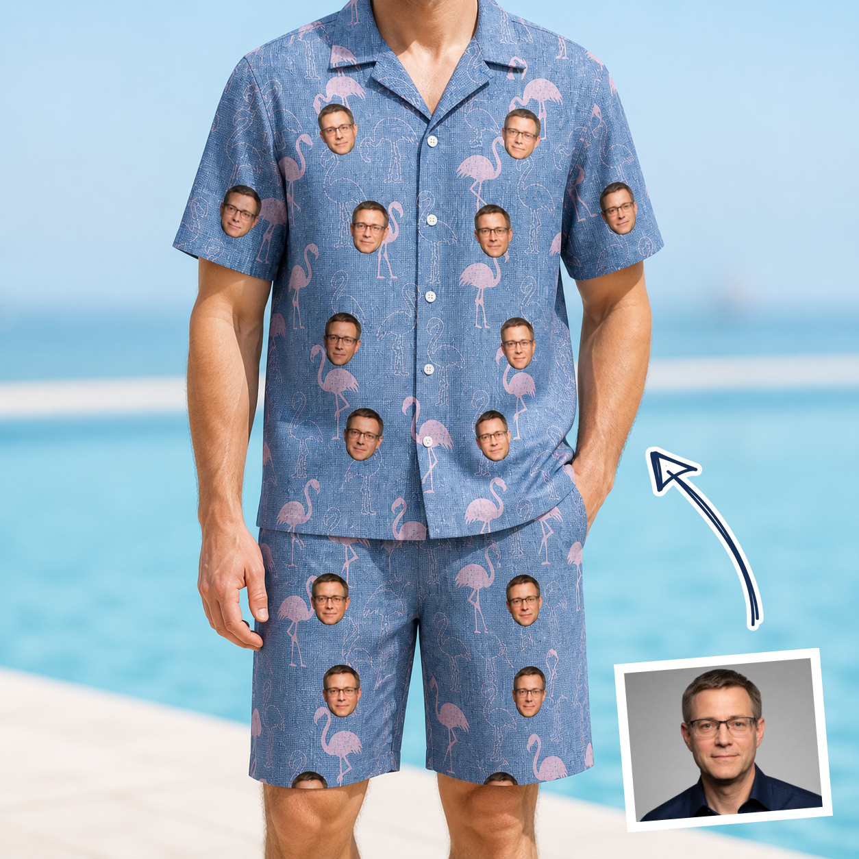 Man wearing Men's Longneck Lollies Custom Face Shirt & Shorts Set — custom faces printed all-over