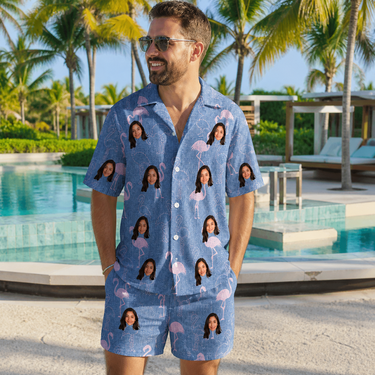 Real-life photo of someone wearing Men's Longneck Lollies Custom Face Shirt & Shorts Set — custom faces printed all-over