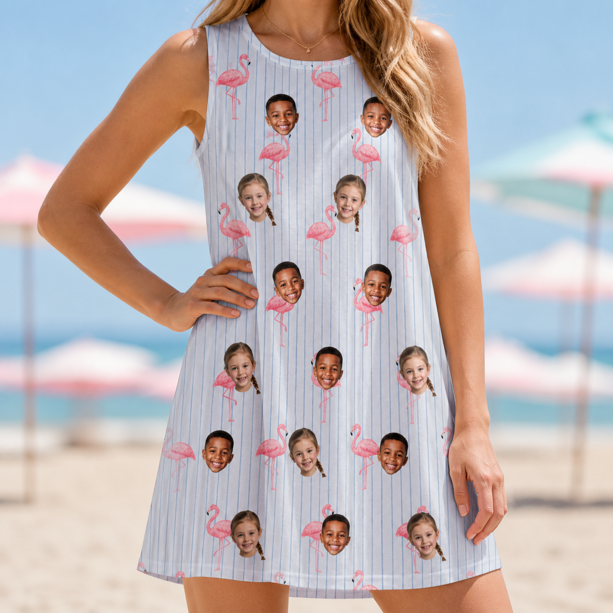 Model wearing Women's Stilt Spritz Custom Face Tank Dress printed with kids' faces