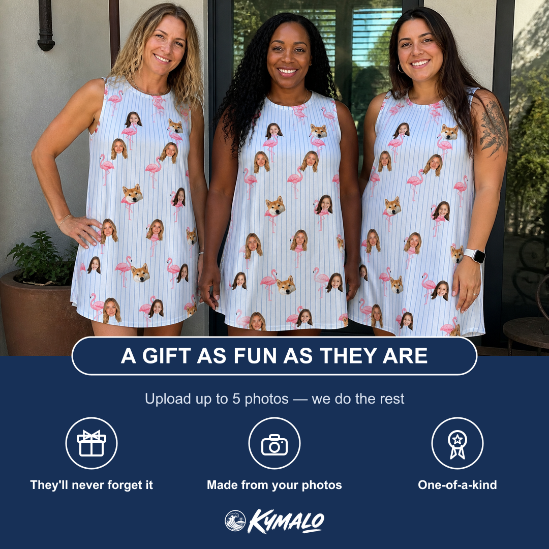 Friends in matching Women's Stilt Spritz Custom Face Tank Dress — a group gift photo