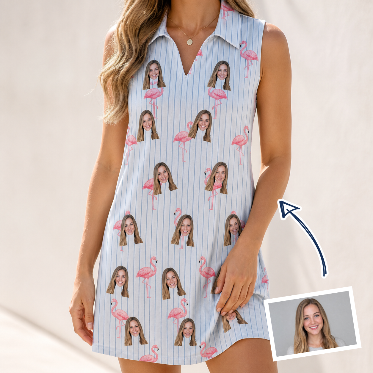 Woman wearing Women's Stilt Spritz Custom Face V-Neck Dress — custom faces printed all-over