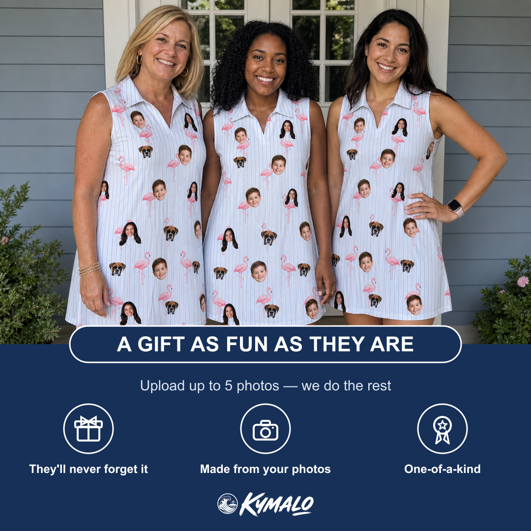 Friends in matching Women's Stilt Spritz Custom Face V-Neck Dress — a group gift photo